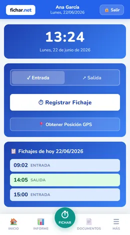 App de fichar.net en el móvil: botón para fichar la entrada y la salida y resumen de la jornada del empleado